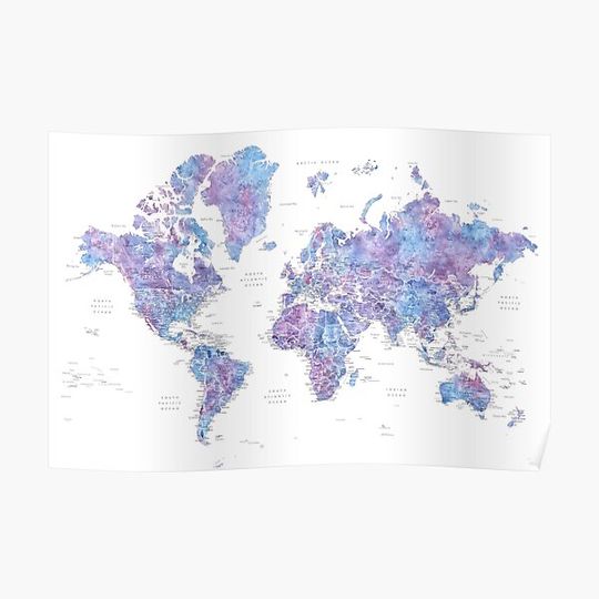 Discover Purple watercolor detailed world map Raul Premium Matte Vertical Poster
