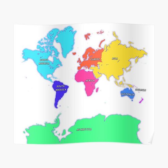 Discover map of the world continents names Africa Asia Europe America Antarctica Asia Australia/Oceania Premium Matte Vertical Poster