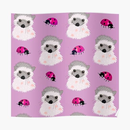 Discover Hedgehog babies and magenta ladybugs on dusky pink Premium Matte Vertical Poster