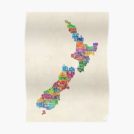 Discover New Zealand Typography Text Map Premium Matte Vertical Poster