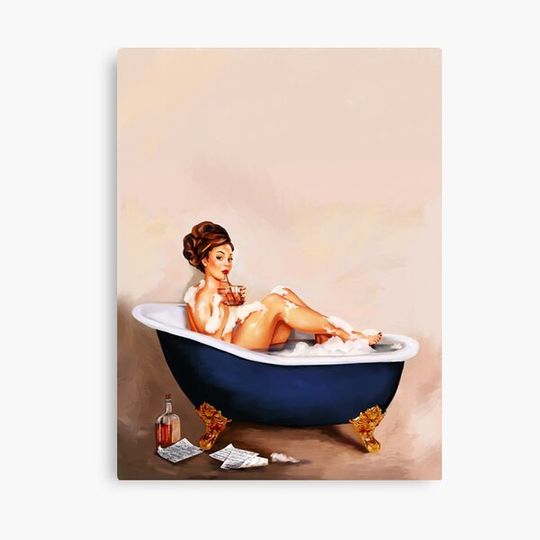 Discover "Bathtub Whiskey" A Cute Vintage Brunette Pinup Girl Enjoys A Bath & Cocktail Canvas
