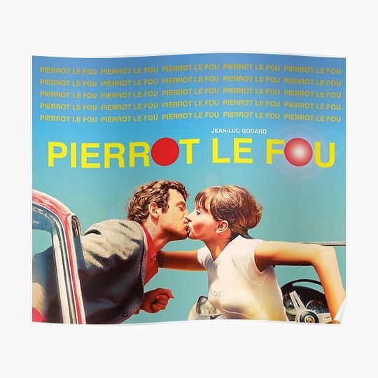 Discover Jean Paul Belmondo in Pierrot le Fou, a romantic love drama by Jean Luc Godard Premium Matte Vertical Poster