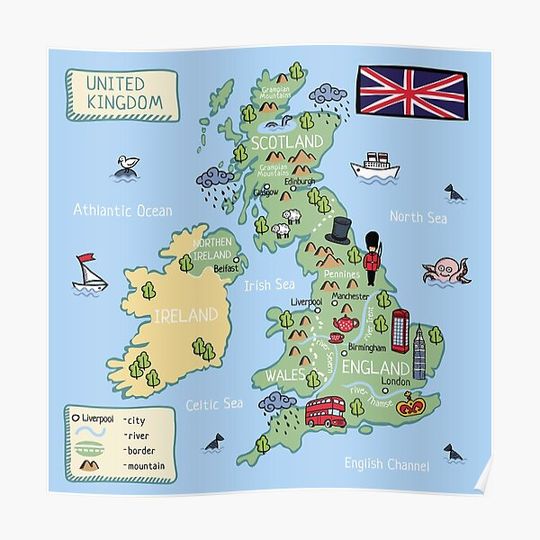 Discover Cartoon map United Kingdom Premium Matte Vertical Poster