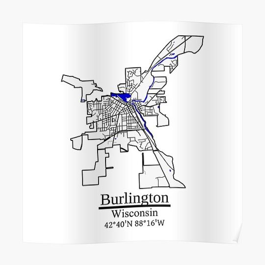 Discover Burlington, Wisconsin Road Map Art - Blue Rivers and Dark Roads City Limits Style Premium Matte Vertical Poster