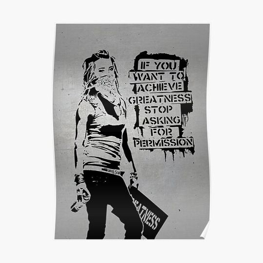 Discover BANKSY STENCIL STYLE URBAN GRAFFITI ACHIEVE GREATNESS METALLIC Premium Matte Vertical Poster
