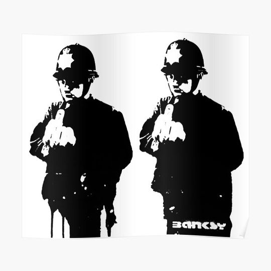 Discover Banksy - Cop Giving Finger Premium Matte Vertical Poster