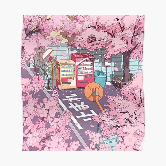 Discover A beautiful aesthetic Tokyo street and the pink sakura tree blossom Premium Matte Vertical Poster
