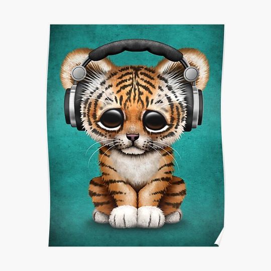 Discover Cute Tiger Cub Dj Wearing Headphones on Blue Premium Matte Vertical Poster