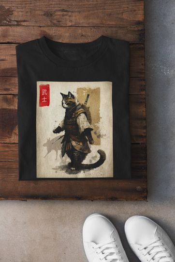 Discover Japanese Samurai Cat T-Shirt, Ninja Cat Tattoo Style Shirt