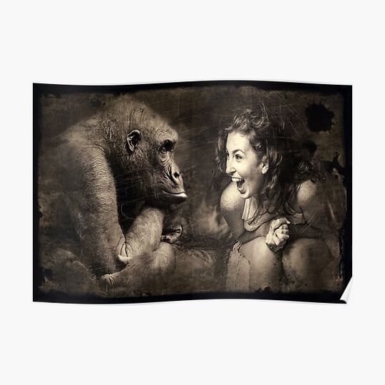 Discover Composing Ape Woman Laugh Sepia Premium Matte Vertical Poster