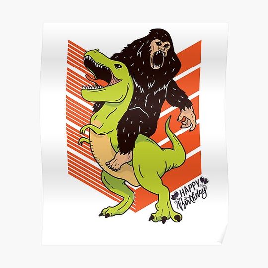 Discover Gorilla on dinosaurs dino boy birthday present premium matte vertical poster