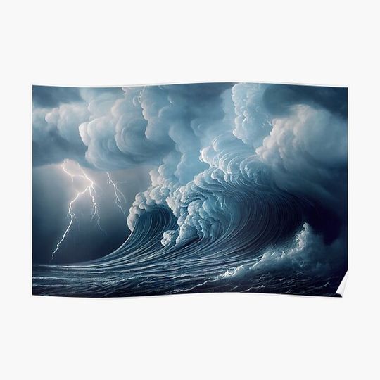 Discover Bright lightning in a raging sea. A strong storm in the ocean. Big waves. Night thunderstorm. Dark tones. Premium Matte Vertical Poster