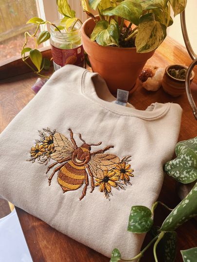 Discover Tan Floral Bumble Bee Embroidered Crewneck  Embroidered Sweatshirt - Hippie Boho Apparel