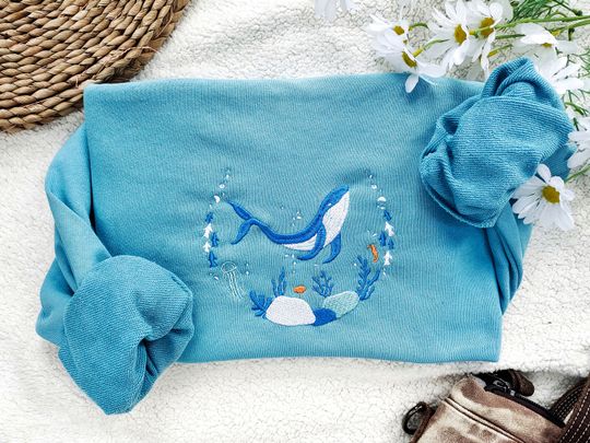 Discover Blue Ocean Whale Embroidered Sweatshirt,Whale Embroidery Crewneck,Nature Lover Gift