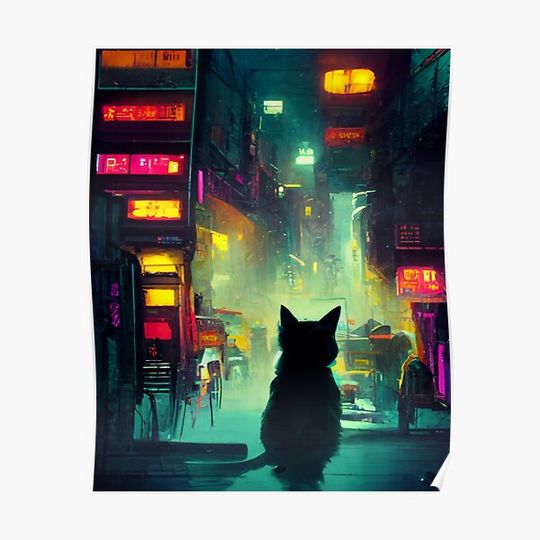 Discover Cyberpunk City Cat Premium Matte Vertical Poster