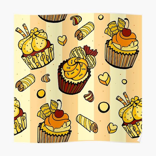 Discover Golden Cute Cupcake Pattern Premium Matte Vertical Poster