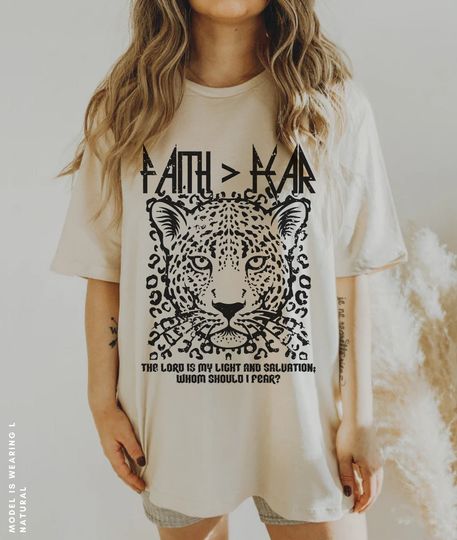 Discover Vintage Bible Verse Shirt Band Tee Faith over Fear Aesthetic Christian Clothing Leopard Print Faith Based Jesus Shirt Oversized T-Shirt