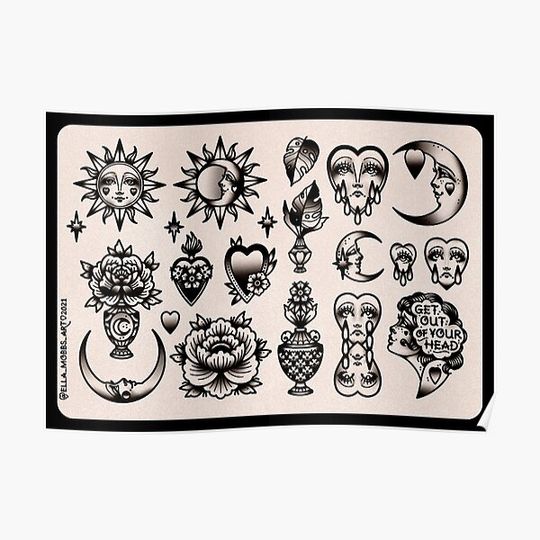 Discover Moons and Minds Classic Cute Traditional Tattoo Flash Style Print Premium Matte Vertical Poster