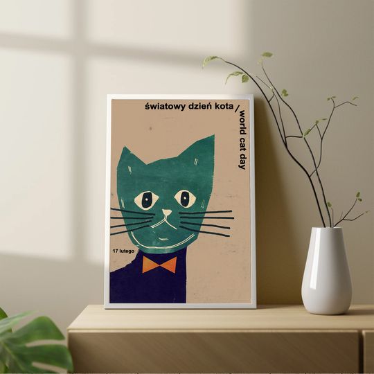 Discover World Cat Day (Światowy Dzień Kota) Original Polish Poster Premium Matte Vertical Poster