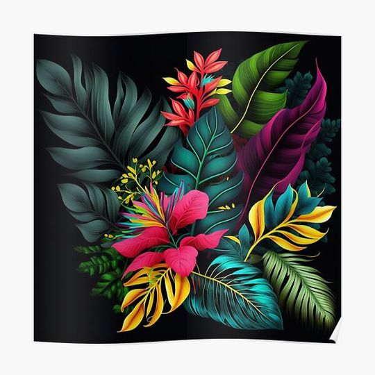 Discover Colorful tropical leaves and flowers. Premium Matte Vertical Poster