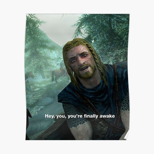 Discover Hey You You're Finally Awake - Skyrim Meme Premium Matte Vertical Poster