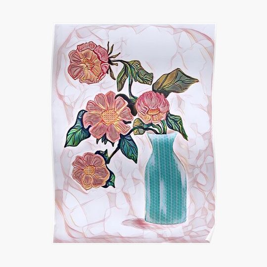 Discover Pink flowers in a Blue Vase Premium Matte Vertical Poster