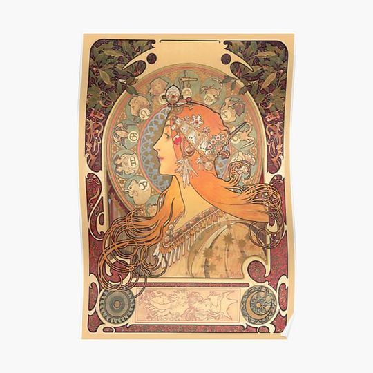 Discover Zodiac calendar for La Plume by Alfons Mucha Premium Matte Vertical Poster