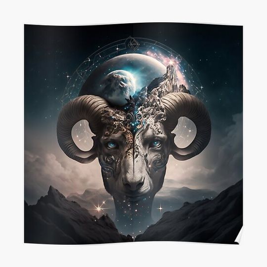 Discover Esoteric Wall Art, Metal Wall Art, Aries Cosmic Fantasy Esoterical View of the Zodiacal Signs Premium Matte Vertical Poster