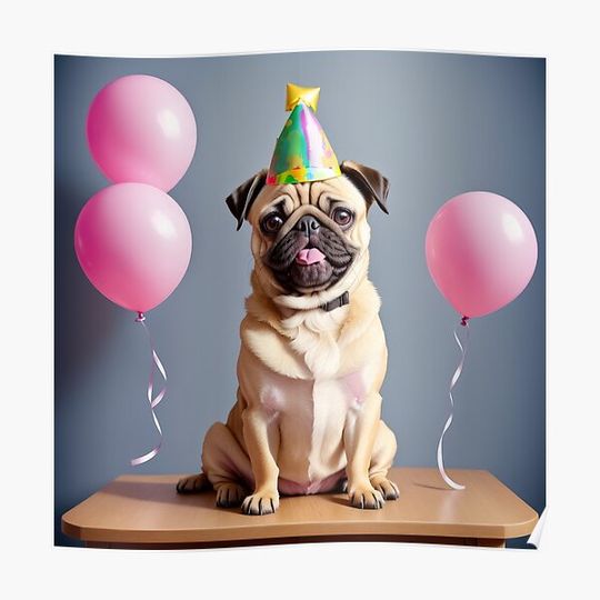 Discover Adorable Pug puppy in birthday party with party hat Premium Matte Vertical Poster