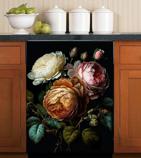 Discover Floral Dishwasher  Cover Vintage, Dark Flower Kitchen Dishwasher Cover Vinyl  Decal Sticker