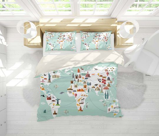 Discover 3D World Map Duvet Covers Set, Animal Quilt Cover, Cartoon Bedding Set, Kids Bedding Set
