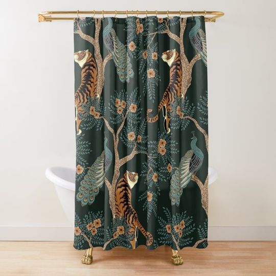 Discover Vintage tiger and peacock in the jungle Shower Curtain