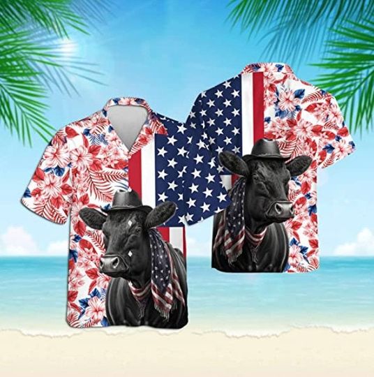 Discover Black Angus Cow Lovers American Flag Hawaiian Shirt, Cow Hawaii Shirt, Aloha Hawaiian Shirt, Independence Day Shirt, Patriotic Hawaii Shirt