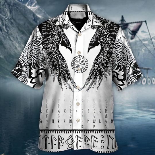 Discover Viking Black Runic Raven Scandinavian Hawaiian Shirt, 3D Hawaiian Aloha Shirt