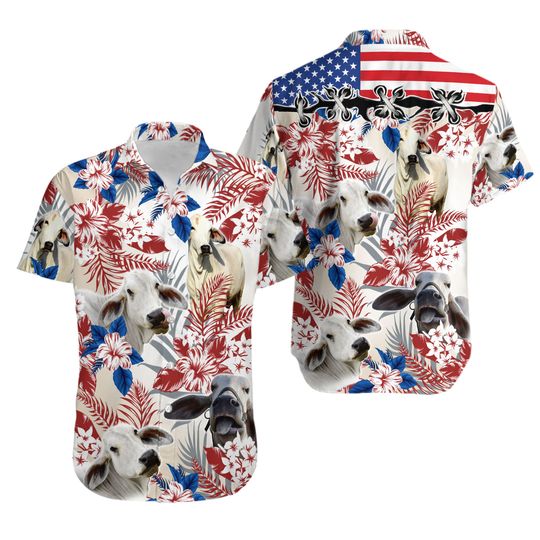 Discover Tropical Floral Brahman Cow American Flag Hawaiian Shirt