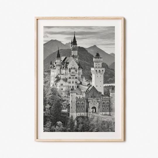 Discover Neuschwanstein Castle Matted Poster Print, Castle Black and White Art