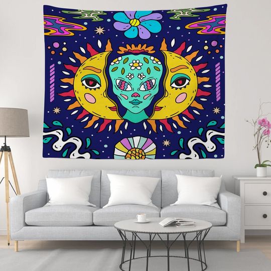 Discover Trippy Galaxy Alien Tapestry - Sun and Moon Design