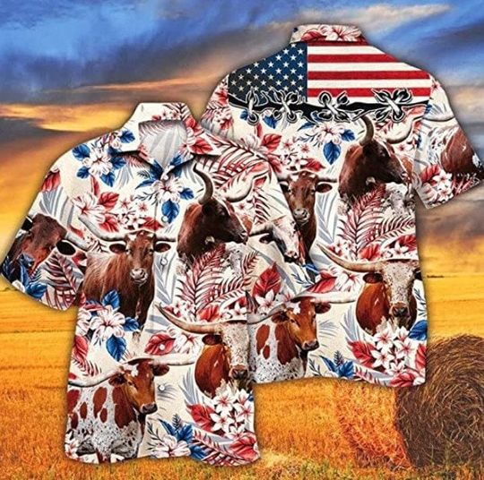 Discover Tx Longhorn Cow Independence Day Hawaiian Shirts