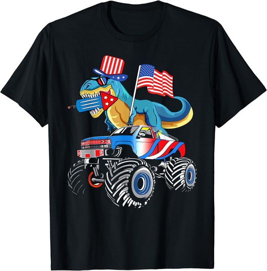 Discover 4th Of July kids boys dinosaur Firework American Flag usa T-Shirt