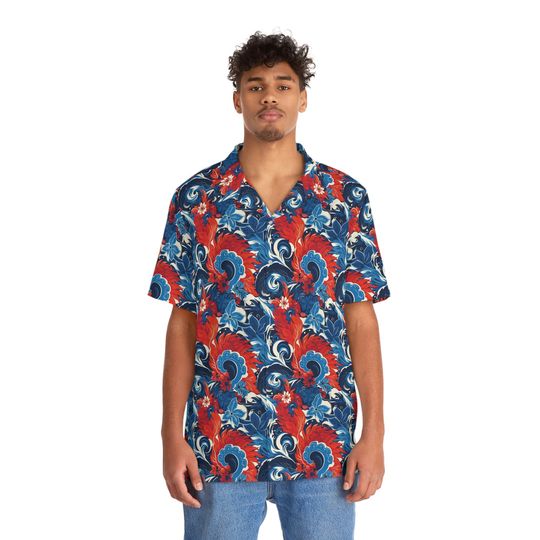 Discover Vibrant Red White and Blue Swirl Tropical Floral Shirt