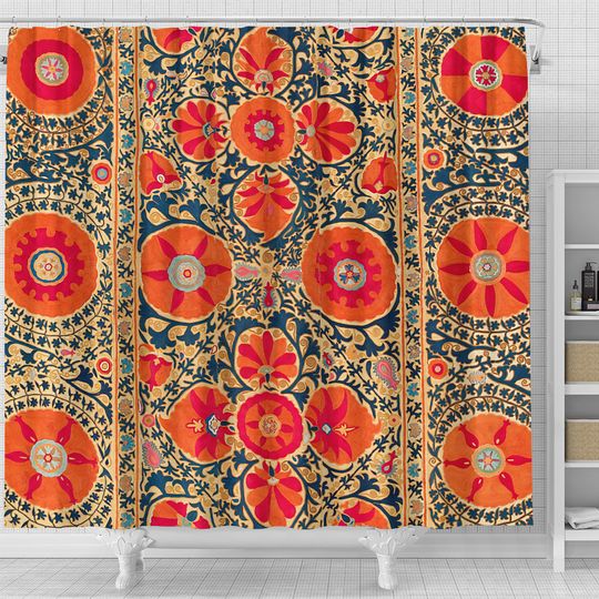 Discover Kermina Suzani Uzbekistan Floral Embroidery Print Shower Curtain
