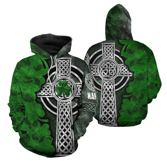 Discover 3D All Over Printed Customize Name Irish Shamrock And Cross Hoodie For St Patrick's Day