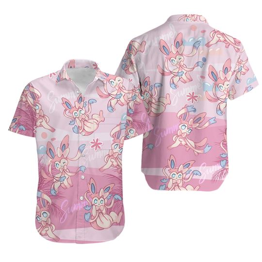 Discover Sylveon Beach PKM.pink.Hawaiian Shirt, Button Up Shirt, PKM Hawaiian Shirt, Aloha Shirt, Hawaiian Anime Shirt