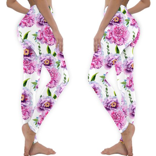 Discover Pink And Purple Peony Floral Yoga & Capri Leggings