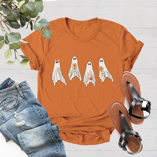 Discover Halloween Shirt, Floral Ghosts Shirt, Ghost With Flowers Shirt, Trick or Treat Shirt, Halloween T-Shirt,  Pumpkin Tee