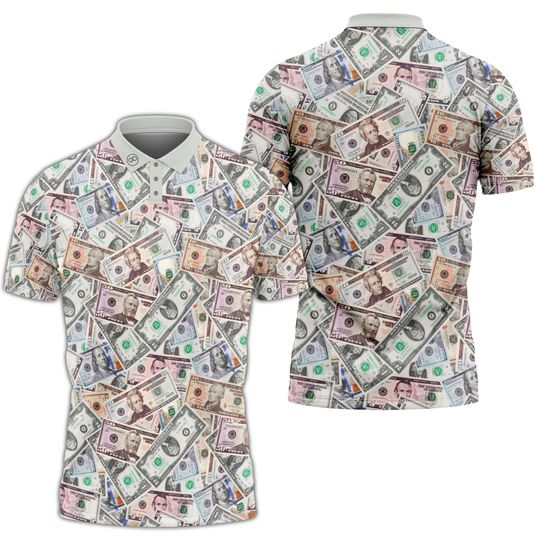Discover Dollar print Performance golf Polo Money Fun USA dollars American
