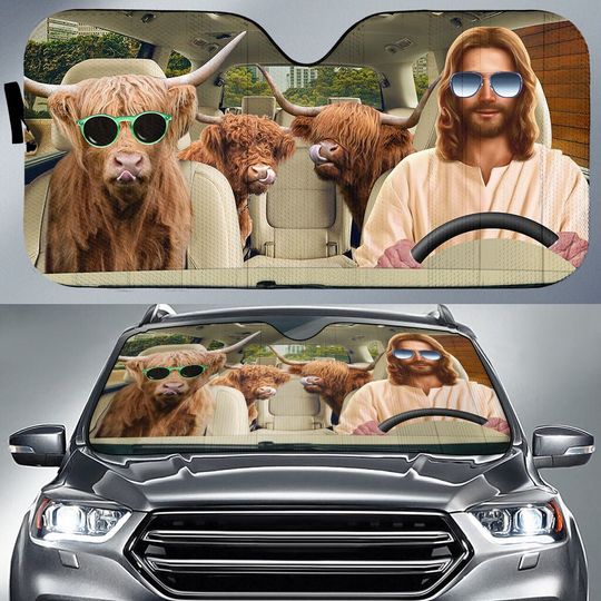 Discover Jesus Driving Highland Cattle All Over Printed 3D Sun Shade