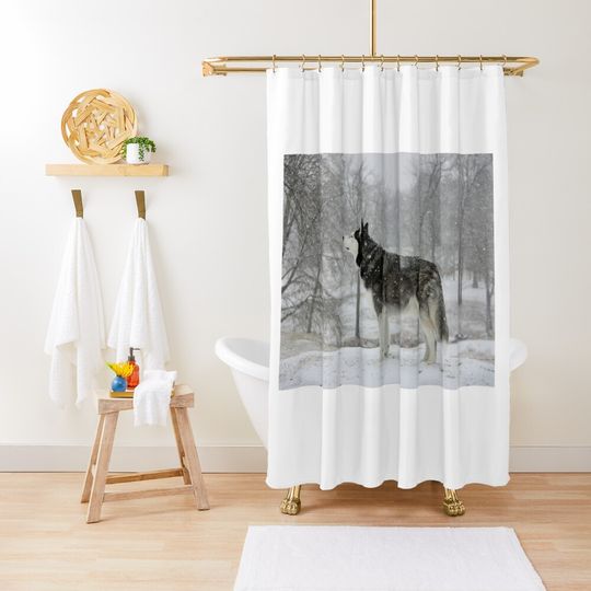 Discover Husky smells winter in the snow. Shower Curtain