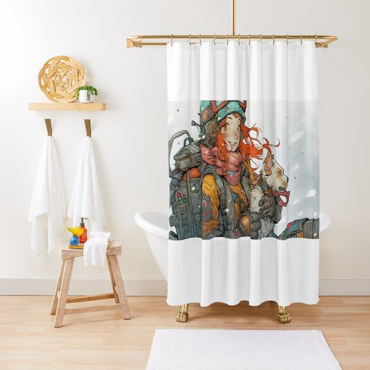 Discover Winter Wanderers - Girl and Dog Digital Art in the Snow Shower Curtain