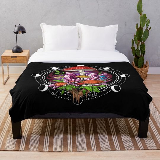 Discover Mushrooms Moon Phases Throw Blanket